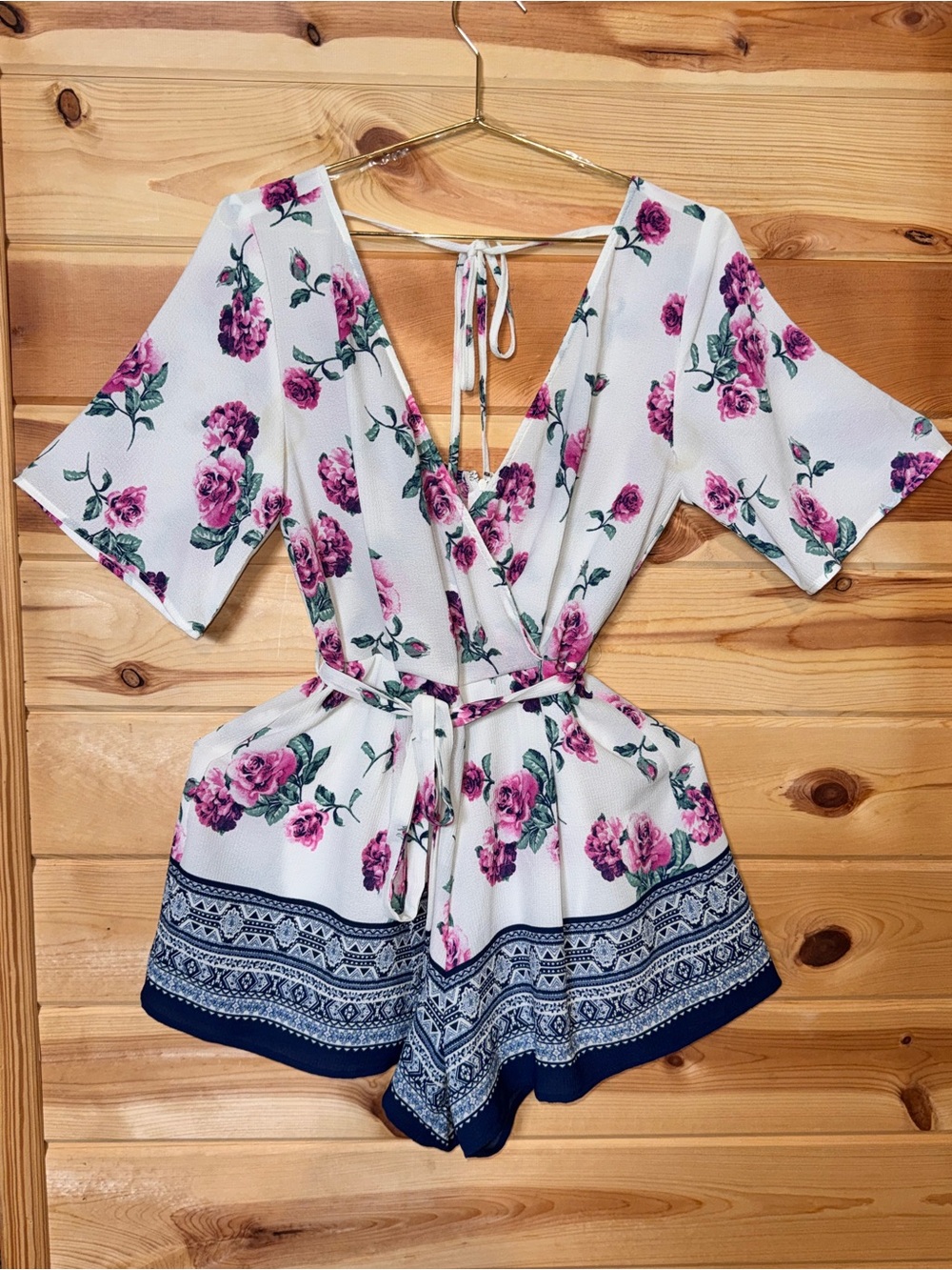 Trixxi White Floral V-Neck Tie-Back romper with Pink Roses